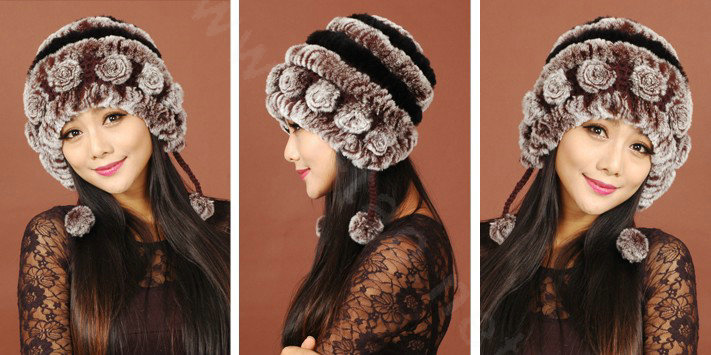 Women Knitted Rex Rabbit Fur Hats Thicker Winter Warm Ear protector Caps - Brown Black