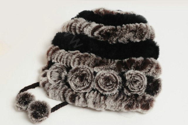Women Knitted Rex Rabbit Fur Hats Thicker Winter Warm Ear protector Caps - Brown Black
