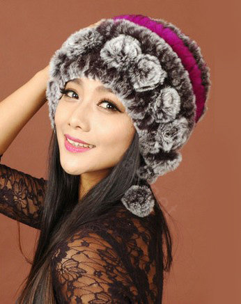 Women Knitted Rex Rabbit Fur Hats Thicker Winter Warm Ear protector Caps - Brown Purple