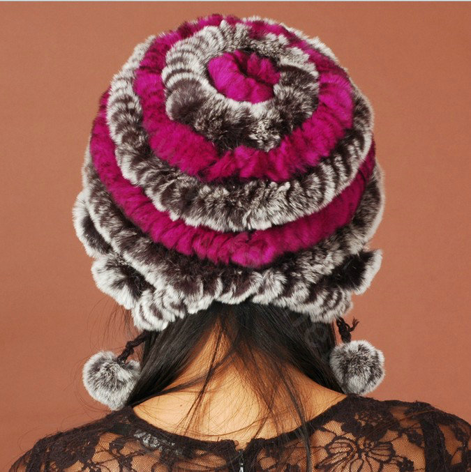 Women Knitted Rex Rabbit Fur Hats Thicker Winter Warm Ear protector Caps - Brown Purple