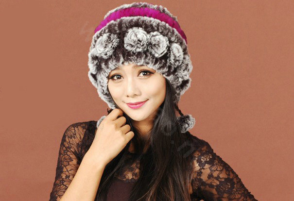 Women Knitted Rex Rabbit Fur Hats Thicker Winter Warm Ear protector Caps - Brown Purple