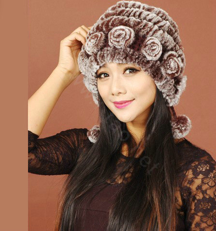 Women Knitted Rex Rabbit Fur Hats Thicker Winter Warm Ear protector Caps - Brown