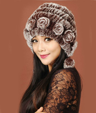 Women Knitted Rex Rabbit Fur Hats Thicker Winter Warm Ear protector Caps - Brown