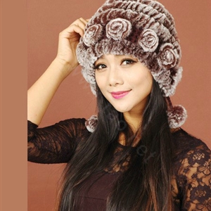 Women Knitted Rex Rabbit Fur Hats Thicker Winter Warm Ear protector Caps - Brown
