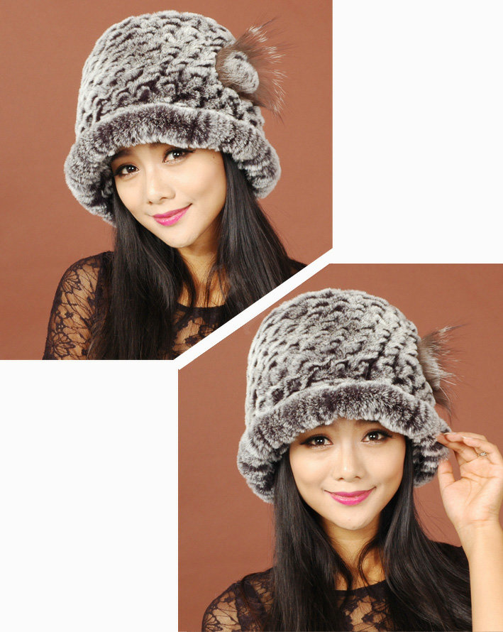 Women Knitted Rex Rabbit Fur Hats Thicker Winter Warm Flower Ear protector Caps - Black