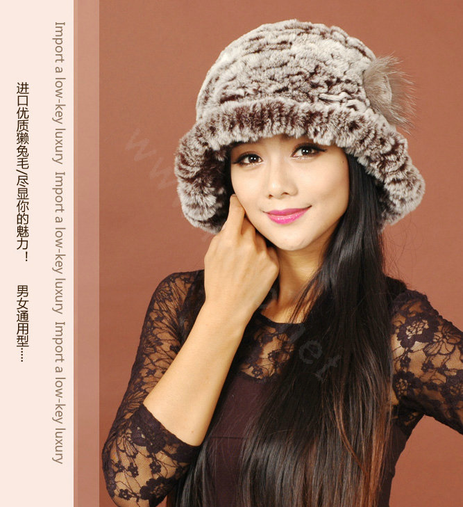 Women Knitted Rex Rabbit Fur Hats Thicker Winter Warm Flower Ear protector Caps - Brown