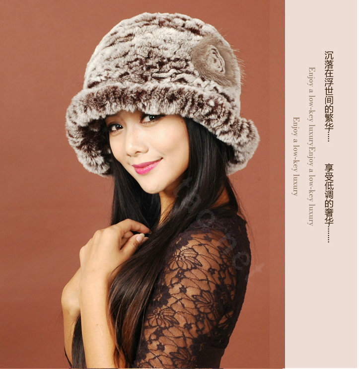 Women Knitted Rex Rabbit Fur Hats Thicker Winter Warm Flower Ear protector Caps - Brown