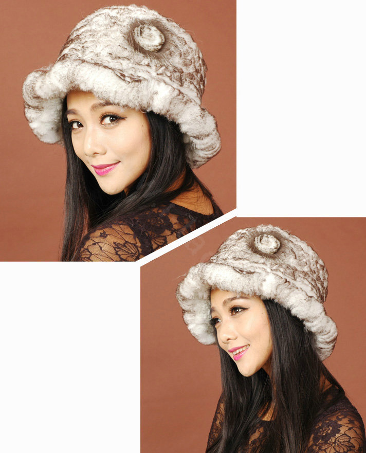 Women Knitted Rex Rabbit Fur Hats Thicker Winter Warm Flower Ear protector Caps - White