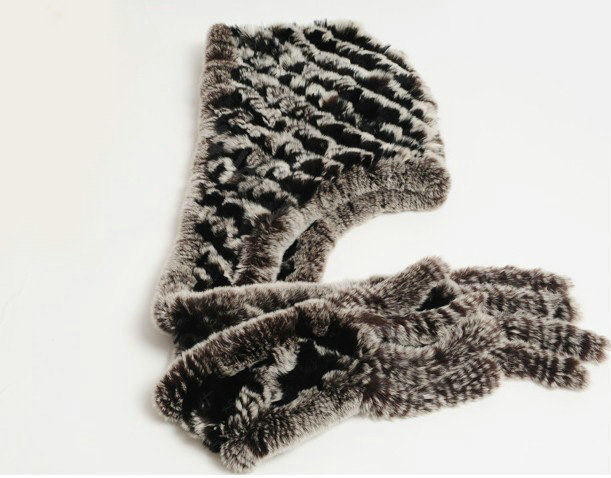 Women Knitted Rex Rabbit Fur Hats Winter Thicker Ear protector Scarf Warm Caps - Black