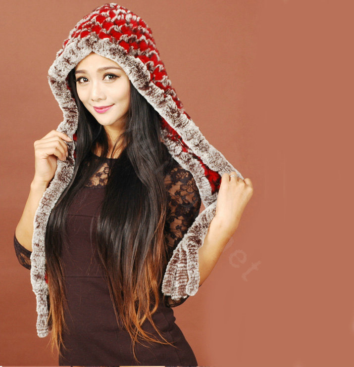 Women Knitted Rex Rabbit Fur Hats Winter Thicker Ear protector Scarf Warm Caps - Red
