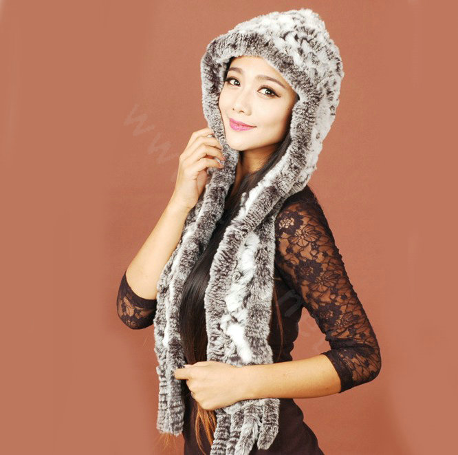 Women Knitted Rex Rabbit Fur Hats Winter Thicker Ear protector Scarf Warm Caps - White