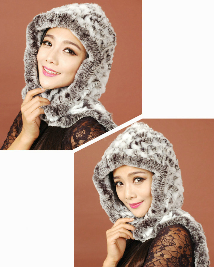 Women Knitted Rex Rabbit Fur Hats Winter Thicker Ear protector Scarf Warm Caps - White