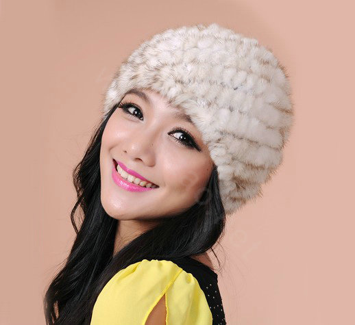 Women Mink hair Fur Hat Winter Thicker Warm Handmade Knitted Twill Caps - Beige