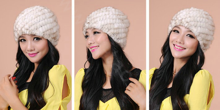Women Mink hair Fur Hat Winter Thicker Warm Handmade Knitted Twill Caps - Beige