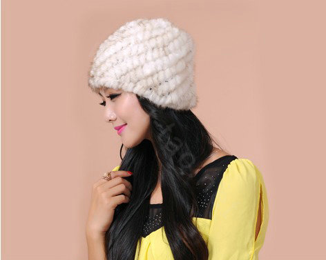 Women Mink hair Fur Hat Winter Thicker Warm Handmade Knitted Twill Caps - Beige