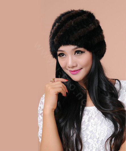 Women Mink hair Fur Hat Winter Thicker Warm Handmade Knitted Twill Caps - Black Brown