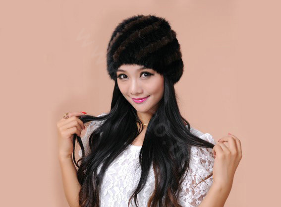 Women Mink hair Fur Hat Winter Thicker Warm Handmade Knitted Twill Caps - Black Brown
