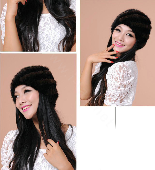 Women Mink hair Fur Hat Winter Thicker Warm Handmade Knitted Twill Caps - Black Brown