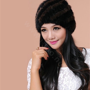 Women Mink hair Fur Hat Winter Thicker Warm Handmade Knitted Twill Caps - Black Brown