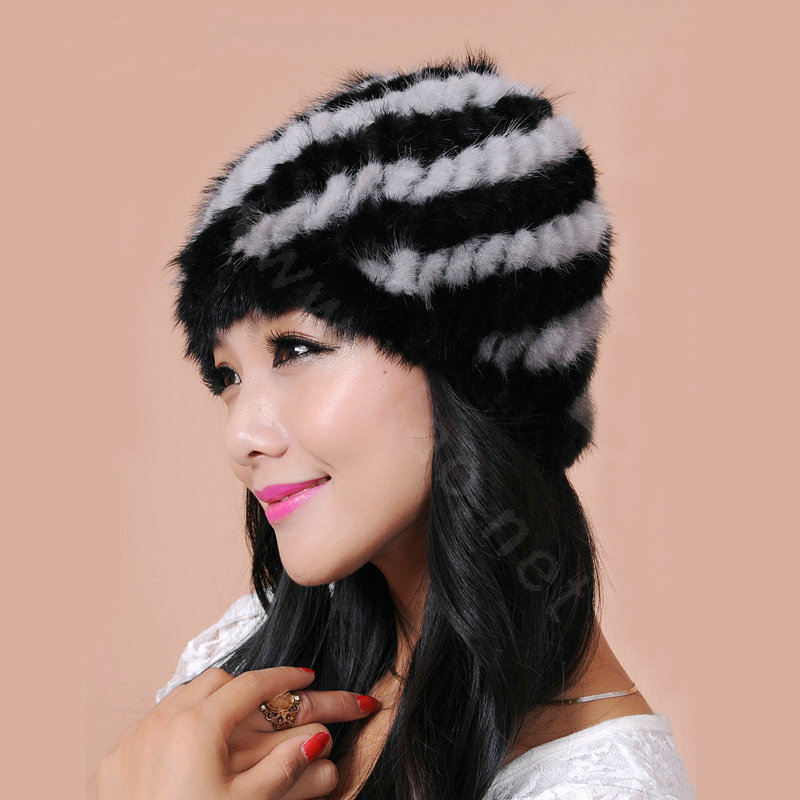 Women Mink hair Fur Hat Winter Thicker Warm Handmade Knitted Twill Caps - Black Grey