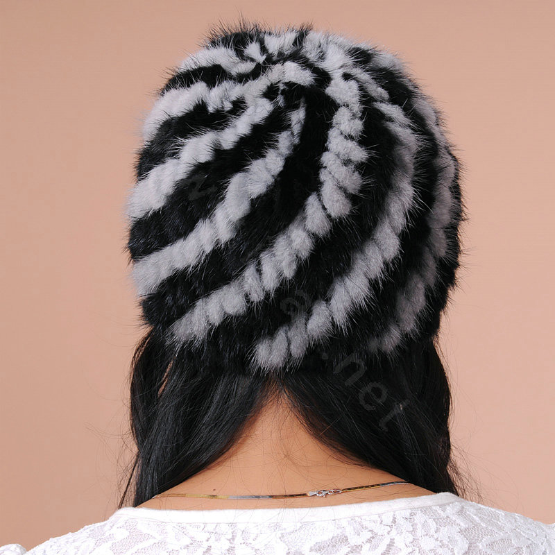 Women Mink hair Fur Hat Winter Thicker Warm Handmade Knitted Twill Caps - Black Grey
