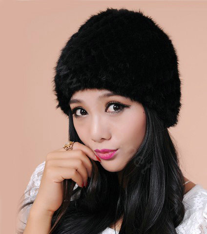 Women Mink hair Fur Hat Winter Thicker Warm Handmade Knitted Twill Caps - Black