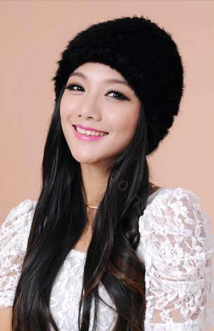 Women Mink hair Fur Hat Winter Thicker Warm Handmade Knitted Twill Caps - Black