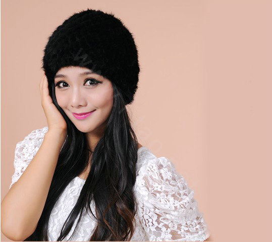 Women Mink hair Fur Hat Winter Thicker Warm Handmade Knitted Twill Caps - Black