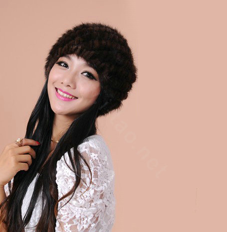 Women Mink hair Fur Hat Winter Thicker Warm Handmade Knitted Twill Caps - Coffee