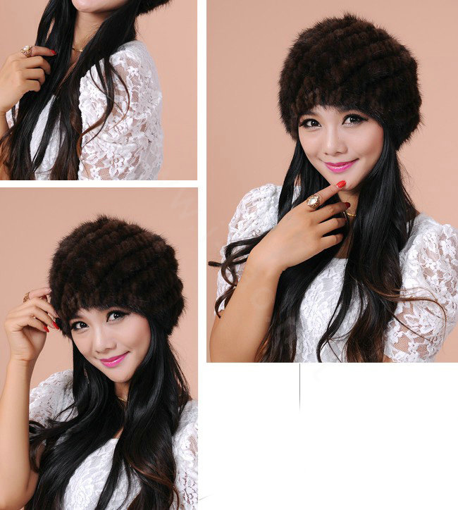 Women Mink hair Fur Hat Winter Thicker Warm Handmade Knitted Twill Caps - Coffee