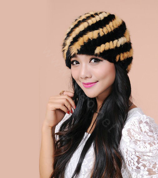 Women Mink hair Fur Hat Winter Thicker Warm Handmade Knitted Twill Caps - Yellow Black
