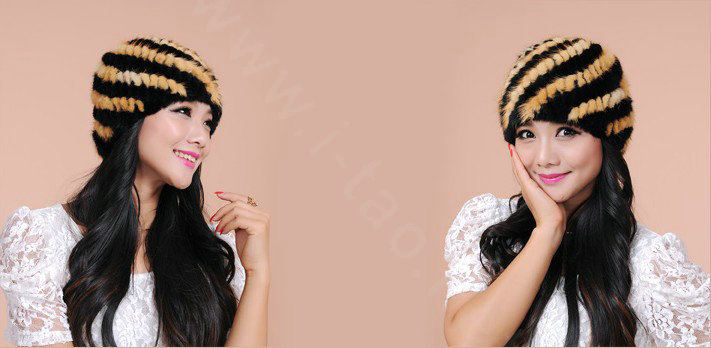 Women Mink hair Fur Hat Winter Thicker Warm Handmade Knitted Twill Caps - Yellow Black