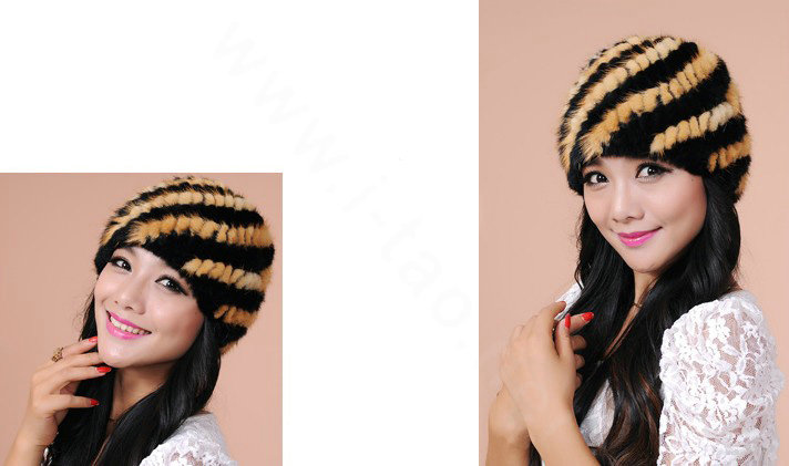 Women Mink hair Fur Hat Winter Thicker Warm Handmade Knitted Twill Caps - Yellow Black