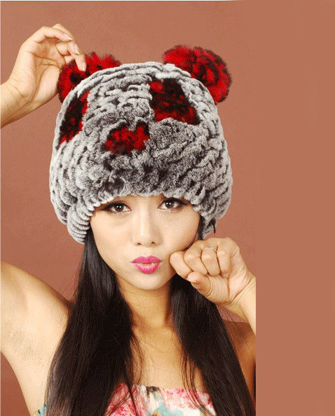 Women Rex Rabbit Fur Hats Knitted Thicker Winter Warm Cute Panda Caps - Black Red
