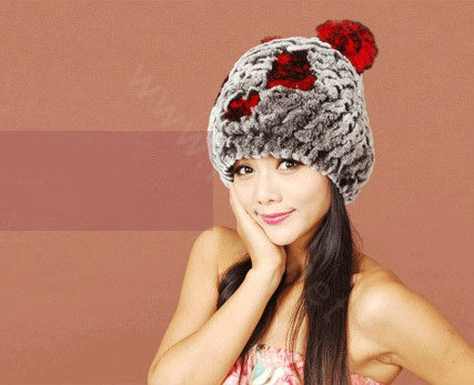 Women Rex Rabbit Fur Hats Knitted Thicker Winter Warm Cute Panda Caps - Black Red