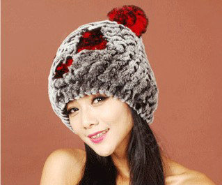 Women Rex Rabbit Fur Hats Knitted Thicker Winter Warm Cute Panda Caps - Black Red