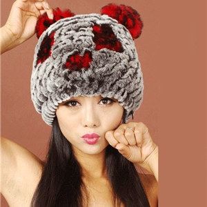 Women Rex Rabbit Fur Hats Knitted Thicker Winter Warm Cute Panda Caps - Black Red