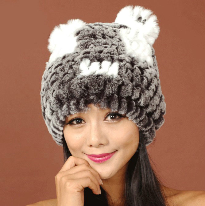 Women Rex Rabbit Fur Hats Knitted Thicker Winter Warm Cute Panda Caps - Black White