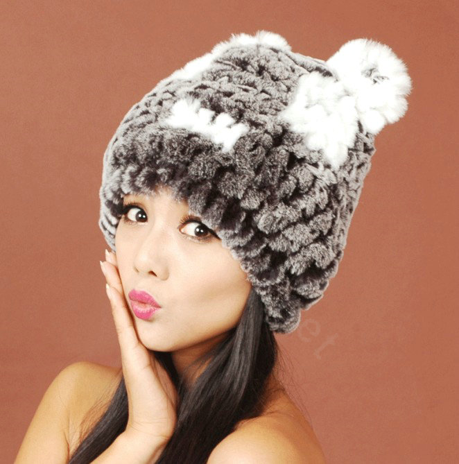 Women Rex Rabbit Fur Hats Knitted Thicker Winter Warm Cute Panda Caps - Black White