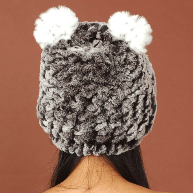 Women Rex Rabbit Fur Hats Knitted Thicker Winter Warm Cute Panda Caps - Black White