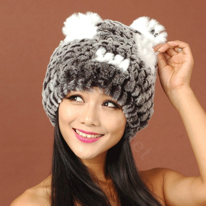 Women Rex Rabbit Fur Hats Knitted Thicker Winter Warm Cute Panda Caps - Black White