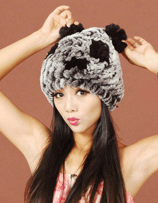 Women Rex Rabbit Fur Hats Knitted Thicker Winter Warm Cute Panda Caps - Black