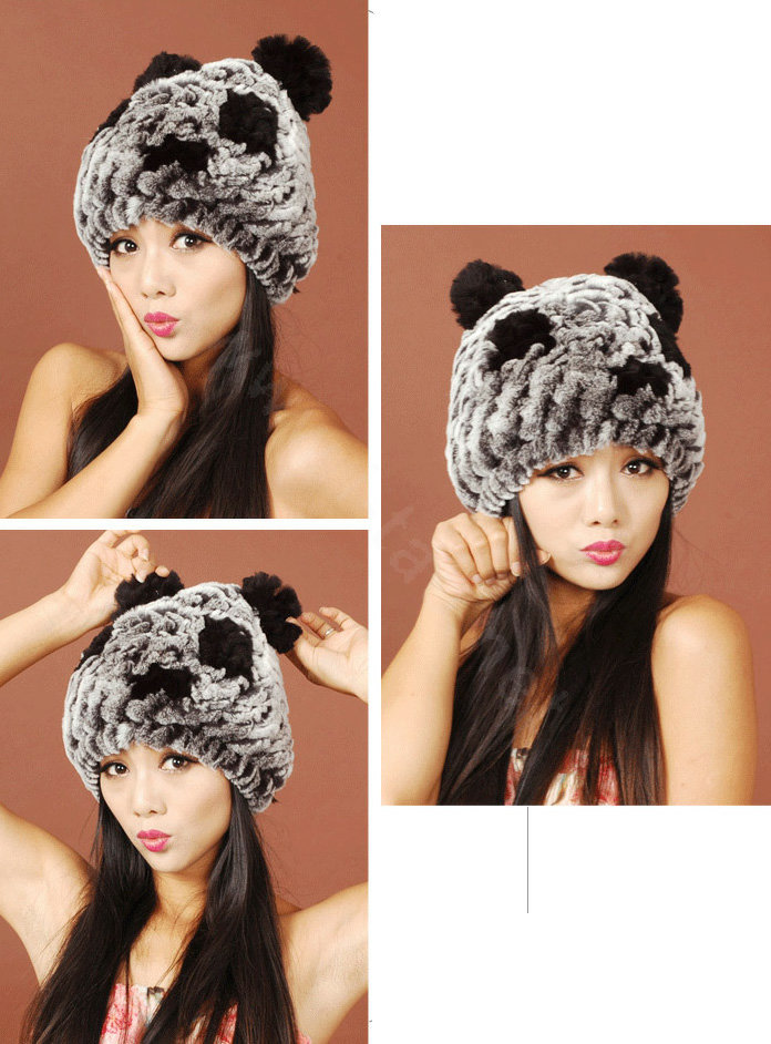 Women Rex Rabbit Fur Hats Knitted Thicker Winter Warm Cute Panda Caps - Black