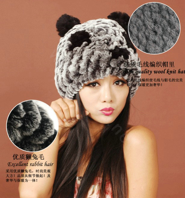 Women Rex Rabbit Fur Hats Knitted Thicker Winter Warm Cute Panda Caps - Black
