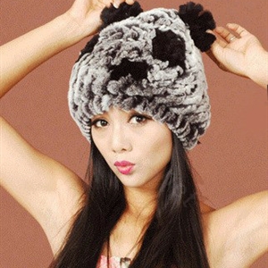Women Rex Rabbit Fur Hats Knitted Thicker Winter Warm Cute Panda Caps - Black