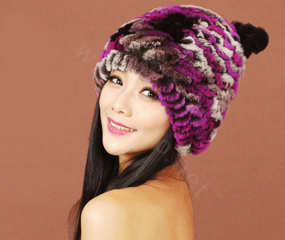 Women Rex Rabbit Fur Hats Knitted Thicker Winter Warm Cute Panda Caps - Purple