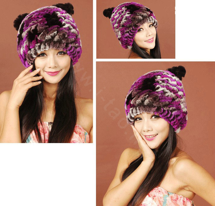 Women Rex Rabbit Fur Hats Knitted Thicker Winter Warm Cute Panda Caps - Purple