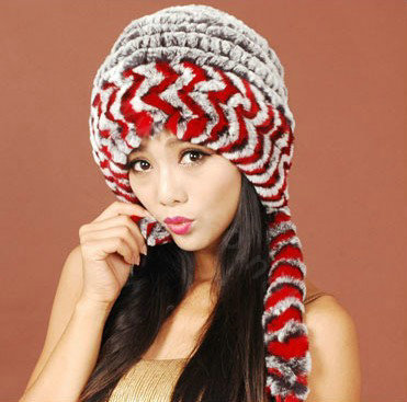 Women Rex Rabbit Fur Hats Knitted Thicker Winter Warm Ear protector Caps - Black Red
