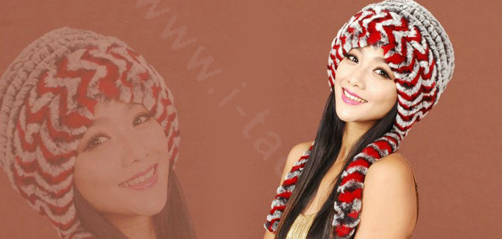 Women Rex Rabbit Fur Hats Knitted Thicker Winter Warm Ear protector Caps - Black Red