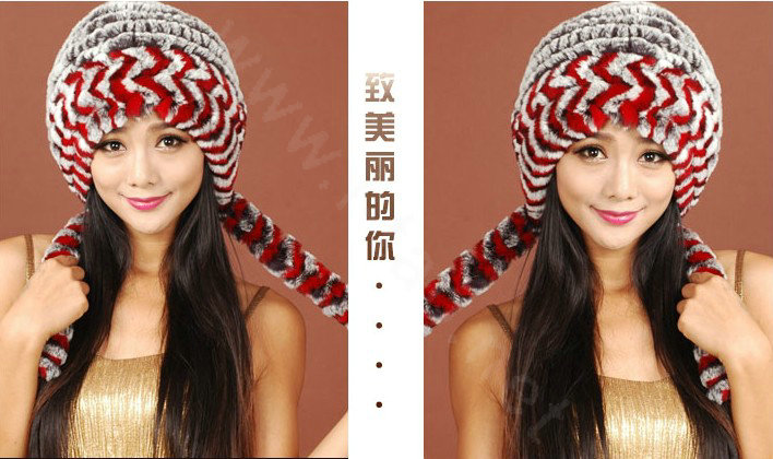Women Rex Rabbit Fur Hats Knitted Thicker Winter Warm Ear protector Caps - Black Red